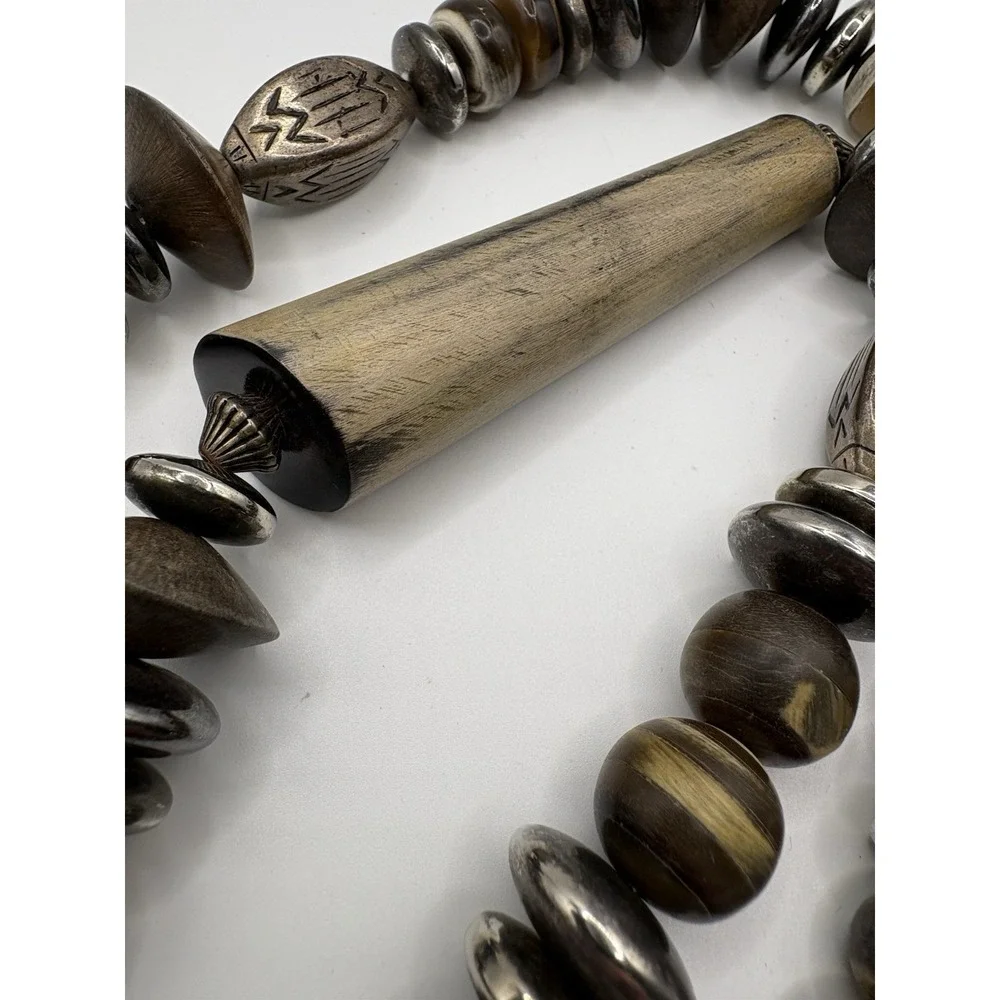 Vtg Designs By Paula Statement Necklace‎ Horn Wood Silver Toned Beads